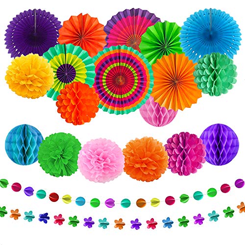 aovowog 21 Pack Decoración Fiesta Abanicos de Papel Flores Pompom Bolas de Nido de Abeja Guirnaldas para Celebración Fiesta de Cumpleaños Bodas Carnaval Mexicano