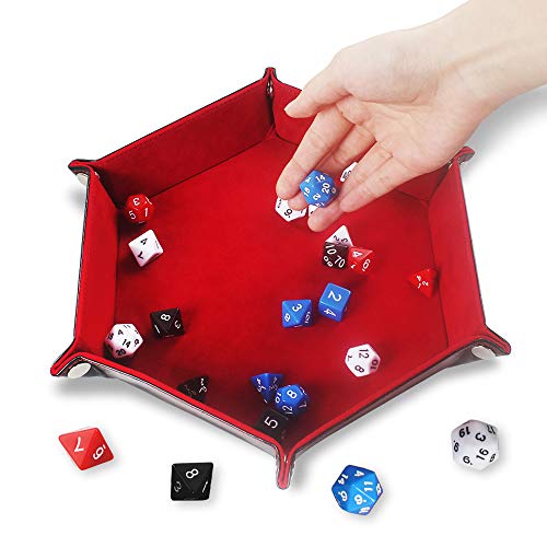 Bandeja de Dados de Doble Cara con Hexágono de PU Hexagonal Plegable Soporte de Dados de Terciopelo para RPG DND Otros Juegos de Mesa y Juegos de Mesa Bandeja de Almacenamiento Rojo y Azul