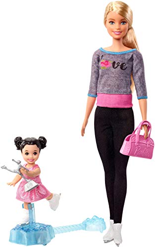 Barbie Quieo Ser Patinadora sobre hielo - Muñeca con niña y accesorios (Mattel FXP38)