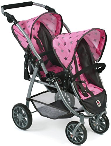 Bayer Chic 2000 689 83 Tandem de Buggy Vario, de Gemelos muñeca Carro, Gris de Estrellas, Color Rosa