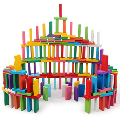 BUYGOO 240pcs Madera Dominó Set Classic Bloques de construcción Puentes, campanario y Molino de Viento, Diversión Domino Niños Edificio Educativo Temprano Juego de Diversión