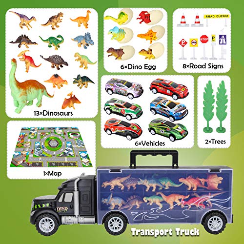 Camión Transportador de Dinosaurios incluir Huevos de Dinosaurio Juguetes Mini Coche de Carreras, Tapete de Juego, Las señales de Tráfico para Niños y Niñas