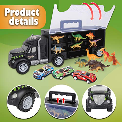 Camión Transportador de Dinosaurios incluir Huevos de Dinosaurio Juguetes Mini Coche de Carreras, Tapete de Juego, Las señales de Tráfico para Niños y Niñas