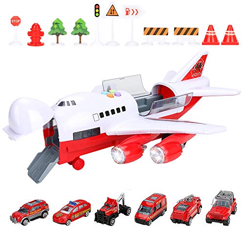 CestMall Trucks Coche Avión Juguetes Juego de extinción de Incendios Transporte Vehículo de Carga, Juguete Educativo Avión electrónico Grande con 6 Coches y 11 señales de tráfico Juego de Juguete de