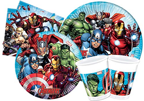 Ciao Y4952 Kit Mesa Fiesta Marvel Vengadores Mighty People (112 Piezas Ø23Cm, Platos Ø20Cm, 24 Vasos de Plástico 200Ml, 40 Servilletas de Papel 33X33Cm)