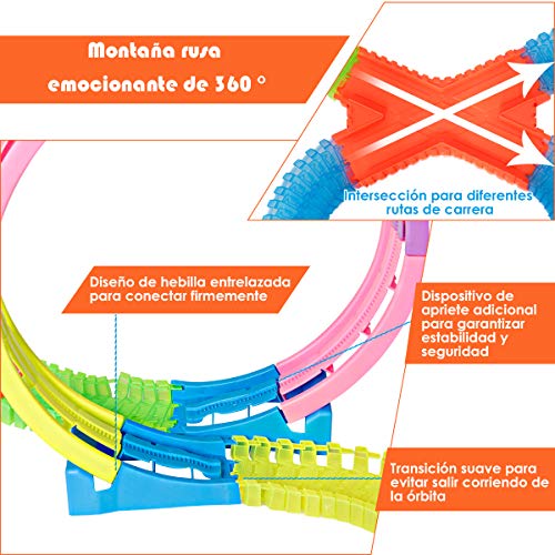 COSTWAY Pista de Carrera con 366 Piezas Circuito de Coche con Partes de Riel de la Montaña Rusa,1 Intersección y 1 Coche Juguete para Niños Mayores de 3 Años