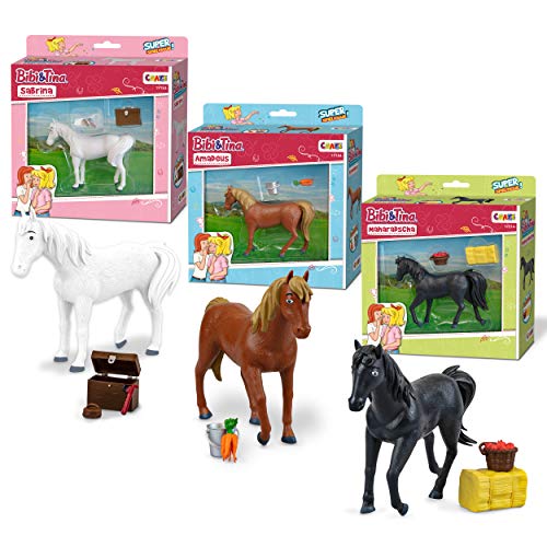 CRAZE Bibi & Tina 31223-Juego de 3 Figuras de Caballo Sabrina Amadeus Maharadscha para coleccionar y Jugar, Incluye Accesorios, Color carbón (31223)