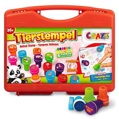 CRAZE- Estuche de estampillas Stamp Case 26 Sellos para niños con Estampado de Animales, Incluye un Bloque de Papel en una Caja-Tinta Lavable 17784, Multicolor , color/modelo surtido