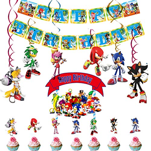 Decoraciones para fiesta de cumpleaños de Sonic Sonic The Hedgehog Banner de feliz cumpleaños Hedgehog Cake Toppers Sonic The Hedgehog Colgante Remolino Suministros para fiestas Decoración