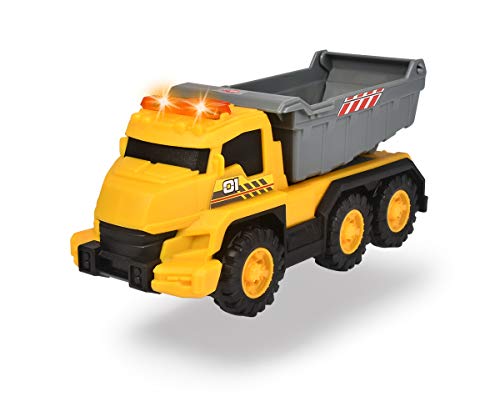 Dickie Toys 203302023 - Carretilla para Obras, luz y Sonido, Superficie de Carga Manual hacia Arriba y hacia Abajo, 16 cm, Incluye Pilas, Color Amarillo