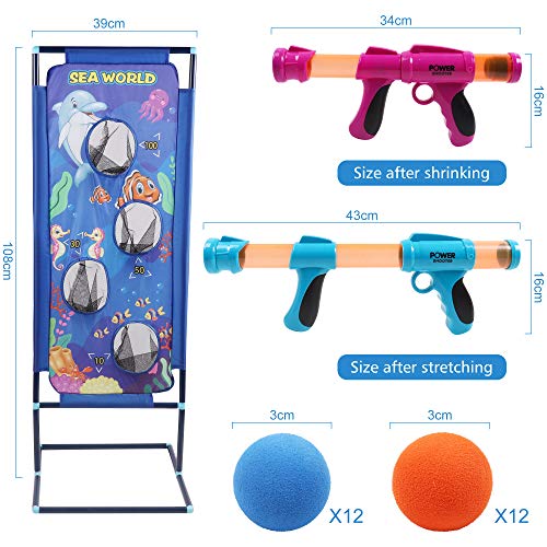 DigHealth 2 Piezas Lanzador Pelotas Espuma con Objetivo de Tiro Mundo Marino, 2 Jugadores Pistola Juguete con 24 PCS Bolas de Espuma, Pistola Blaster para Niños de 3-10 Años Regalos de Cumpleaños