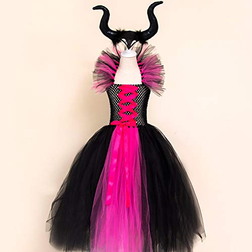 Disfraz de princesa maléfica para niñas, vestido de tul y de punto hecho a mano con cuernos y alas de bruja malvada para Halloween, Carnaval, cosplay o fiestas