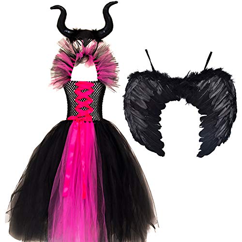 Disfraz de princesa maléfica para niñas, vestido de tul y de punto hecho a mano con cuernos y alas de bruja malvada para Halloween, Carnaval, cosplay o fiestas