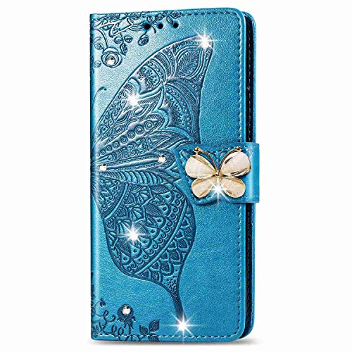 Draamvol Funda para teléfono móvil con Huawei P Smart 2021, funda de piel sintética, con función atril, diseño de mariposa, color azul