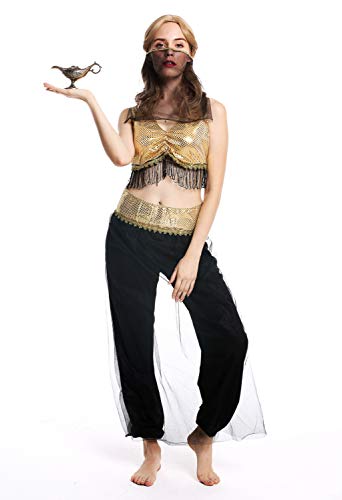 dressmeup - W-0207-M/L Disfraz Mujer Feminino Harem danzarina Oriental Vientre 1001 Noches Negro Oro Talla M/L