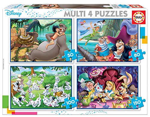 Educa- Disney Aladdin, El Libro de la Selva, Alicia, Peter Pan Conjunto de Puzzles Progresivos, Multicolor (18105)