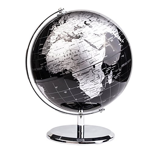 Exerz 20cm Globo Terráqueo - en Inglés - Decoración de escritorio educativa/geográfica/moderna - Con una base de metal - Negro Metálico - Diámetro: 20cm