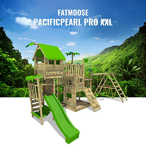 FATMOOSE Parque infantil de madera PacificPearl con columpio SurfSwing y tobogán manzana verde Casa de juegos de jardín con arenero y escalera para niños
