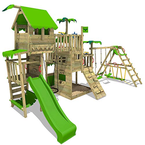 FATMOOSE Parque infantil de madera PacificPearl con columpio SurfSwing y tobogán manzana verde Casa de juegos de jardín con arenero y escalera para niños