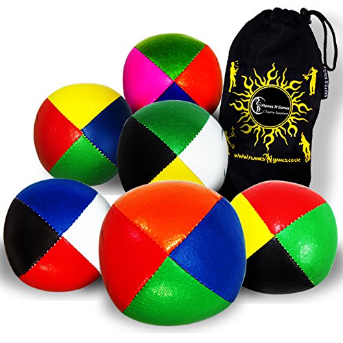 Flames 'N Games Juego de 5 Bolas de Malabares de Cuero de 4 Colores + Bolsa - ¡Pelotas de Malabares Profesionales para Todas Las Habilidades! (Naranja / Azul / Rosa / Verde)