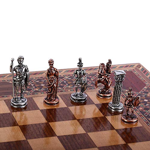 GiftHome Juego de ajedrez de metal de cobre antiguo para adultos, piezas hechas a mano y tablero de ajedrez de madera con patrón de nácar King 2.8 inc