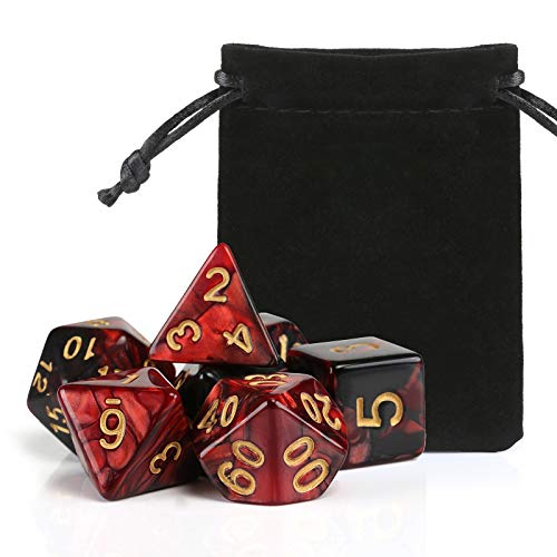 GWHOLE 7 Piezas Dados Poliédricos Dados para Juegos de rol y Mesa Dungeons y Dragons DND RPG MTG con Bolsa Negra ( Rojo Negro)