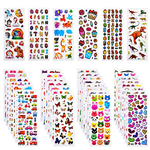 Habett Pegatinas para Niños, 920+ 3D Puffy Sticker Variedad de Pegatinas para Regalos Gratificantes Scrapbooking Que Incluye Animales, Peces, Dinosaurios, Números, Frutas, Alfabeto y Más (36 Hojas)