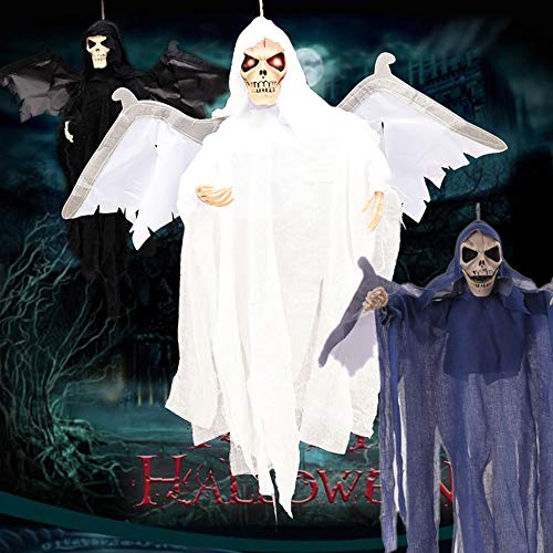 Halloween Sonido Decoracion, Morbuy Luz LED Calavera Tenebrosos Colgantes Zombie Colgante Fantasmas Grito Horror Props Fiesta, con Ilumina los Ojos y Espeluznante Gritar Sonar (58 * 35cm,Blanco)