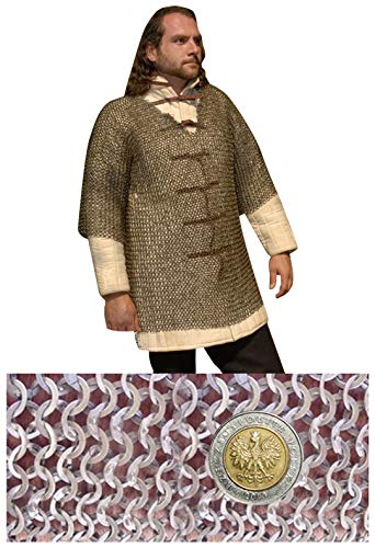 Haubergeon Camisa medieval de cota de Malla con mangas curtas - talla XL - max 152cm. Circunferencia de pecho » 9mm ID anillos planos » medio remachadas con remaches de cuña - Get Dressed for Battle