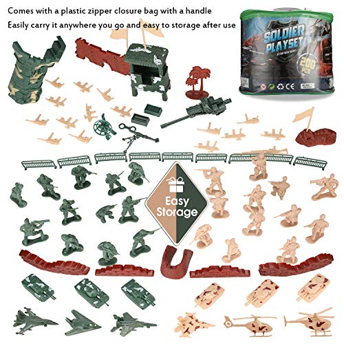 Hautton 200 Pcs Juguetes Plásticos Militares, Figuras de Acción Militar, Juego de Guerra con Soldados, Tanque, Avión, Helicóptero, Bandera, Valla y Accesorios de Campo de Batalla para Niños y Niñas