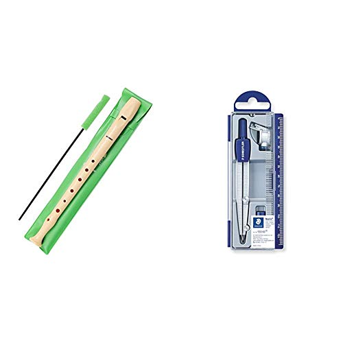 Hohner 9508 Flauta de Plástico + Staedtler Noris Club 550, Set de Dibujo Estuche, Compás Escolar, Adaptador y Tubo de Minas, Azul/Metálico