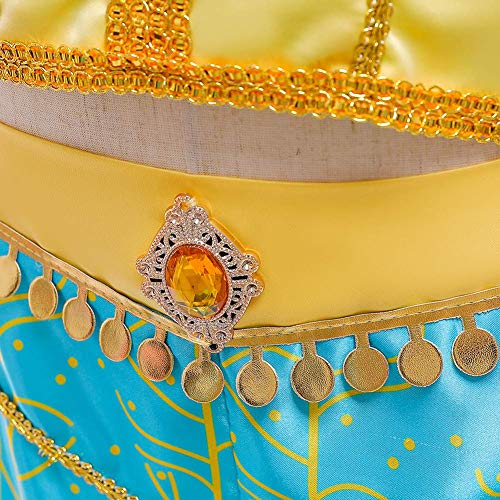 IWEMEK Niña Disfraz de Princesa Jasmine Vestido Aladdin árabe Danza Vientre India Tops Pantalones con Capa y Diadema Traje Carnaval Halloween Cosplay Navidad Cumpleaños Fiesta Costume 02 Azul 4-5