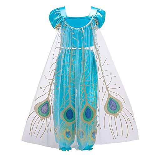 IWEMEK Niña Disfraz de Princesa Jasmine Vestido Aladdin árabe Danza Vientre India Tops Pantalones con Capa y Diadema Traje Carnaval Halloween Cosplay Navidad Cumpleaños Fiesta Costume 02 Azul 4-5