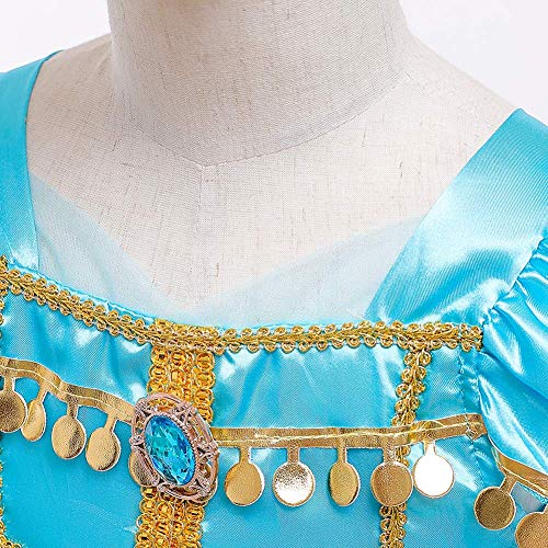 IWEMEK Niña Disfraz de Princesa Jasmine Vestido Aladdin árabe Danza Vientre India Tops Pantalones con Capa y Diadema Traje Carnaval Halloween Cosplay Navidad Cumpleaños Fiesta Costume 02 Azul 4-5