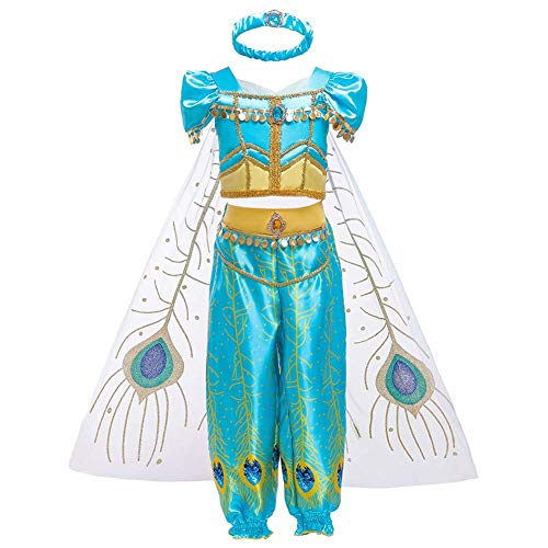 IWEMEK Niña Disfraz de Princesa Jasmine Vestido Aladdin árabe Danza Vientre India Tops Pantalones con Capa y Diadema Traje Carnaval Halloween Cosplay Navidad Cumpleaños Fiesta Costume 02 Azul 4-5