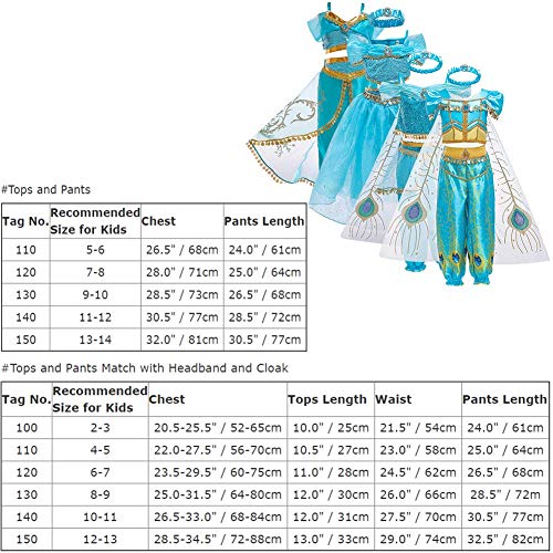 IWEMEK Niña Disfraz de Princesa Jasmine Vestido Aladdin árabe Danza Vientre India Tops Pantalones con Capa y Diadema Traje Carnaval Halloween Cosplay Navidad Cumpleaños Fiesta Costume 02 Azul 4-5