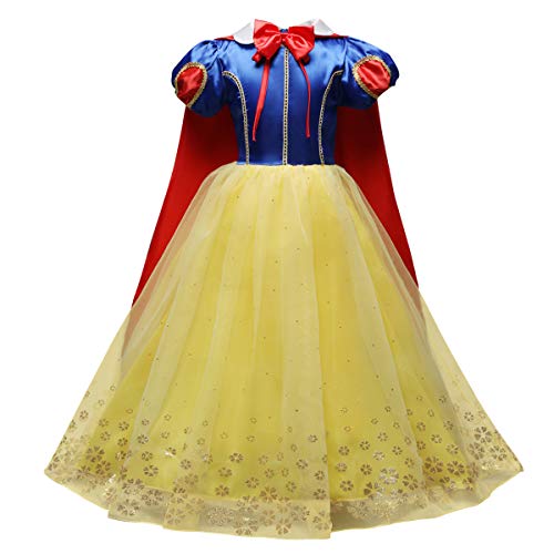 IWEMEK Traje de Princesa Blancanieves Disfraz de Carnaval con Cabo Vestido de Cosplay para Niñas Disfraces de Halloween Navidad Cumpleaños Pageant Comunión Fiesta 3-4 Años