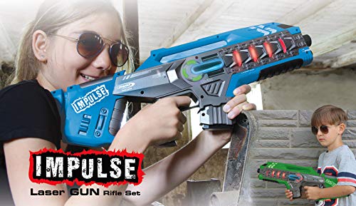 Jamara 410084 Impulse Laser Gun-Juego 3 modos de batalla jugadores por equipo, Last man standing, Duell, 4 armas simuladas con efectos de sonido, alcance de hasta 40 m, color azul/verde