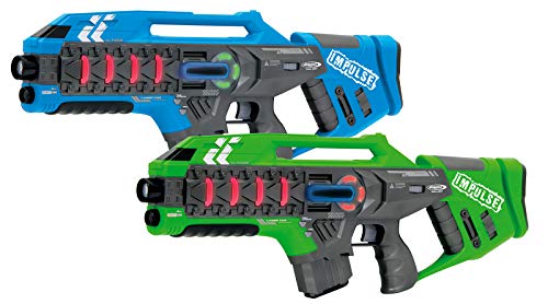 Jamara 410084 Impulse Laser Gun-Juego 3 modos de batalla jugadores por equipo, Last man standing, Duell, 4 armas simuladas con efectos de sonido, alcance de hasta 40 m, color azul/verde