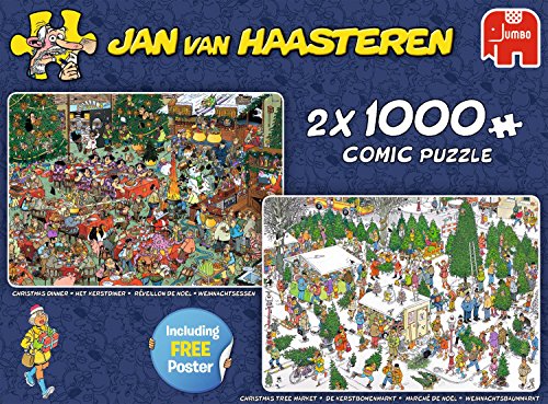 Jan Van Haasteren Christmas Dinner & Christmas Tree Market 2 x 1000 pcs Puzzle - Rompecabezas (Puzzle Rompecabezas, Comics, Adultos, Niño/niña, 12 año(s), Interior)