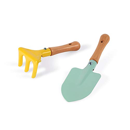 Janod - J03194 - Carretilla de metal de la colección Happy Garden con pala y rastrillo, color naranja y azul, juego de jardinería al aire libre para niños a partir de 3 años