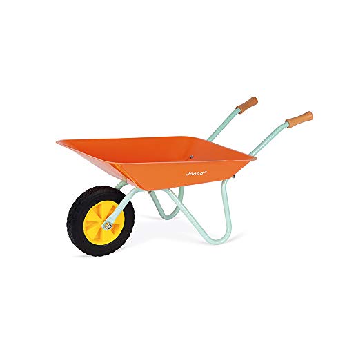 Janod - J03194 - Carretilla de metal de la colección Happy Garden con pala y rastrillo, color naranja y azul, juego de jardinería al aire libre para niños a partir de 3 años