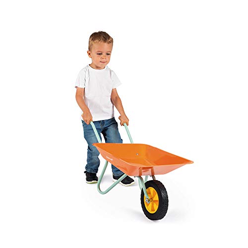 Janod - J03194 - Carretilla de metal de la colección Happy Garden con pala y rastrillo, color naranja y azul, juego de jardinería al aire libre para niños a partir de 3 años