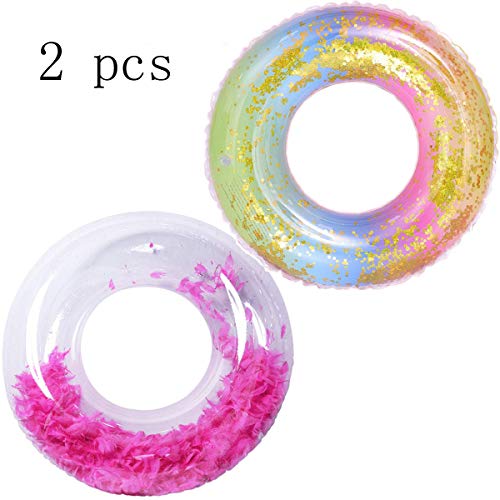 Jolily 2 PCS 90cm Piscina Inflable Flotador Anillo de natación Arco Iris y Rosa roja, Brillo Brillante y Lounger Feather Filled Piscina Piscina Agua de Playa Juguete