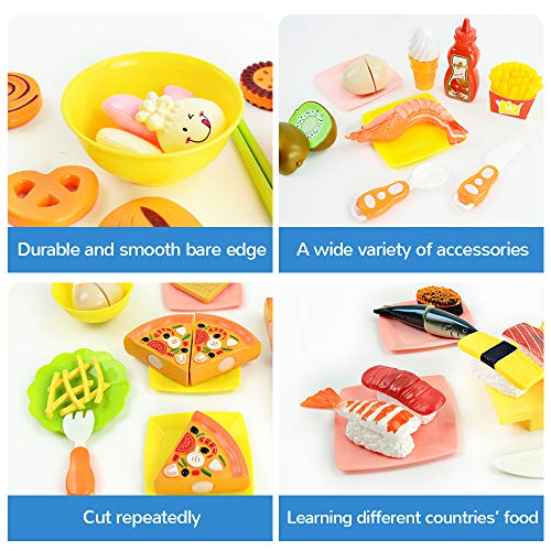 JoyGrow Alimentos de Juguete Cortar Frutas Verduras,70 Piezas Accesorios de Cocina,Diferentes Paises Juego de Comida,Juego de rol Infantil de Imitación,Educación Juegos para Nino Traer Mochila