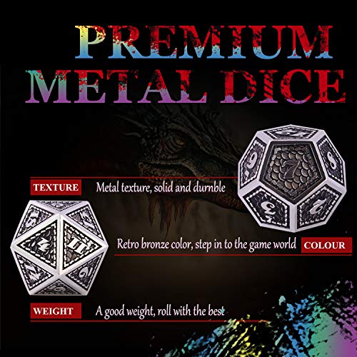 Juego de Dados de rol, Poliédricos Dice de Metal Set de Dados D&D de Juego de rol DND para RPG Dungeons and Dragons Juegos de Mesa Enseñanza de Matemáticas (Bright Silver - Black)