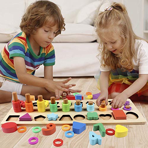 Lewo 3 en 1 Rompecabezas de Números de Madera Juguetes Montessori Juego de Conteo Bloques de Apilamiento Matemático Stem Juguetes Educativos para Niños de 3 4 5 años de Edad Niños Niñas