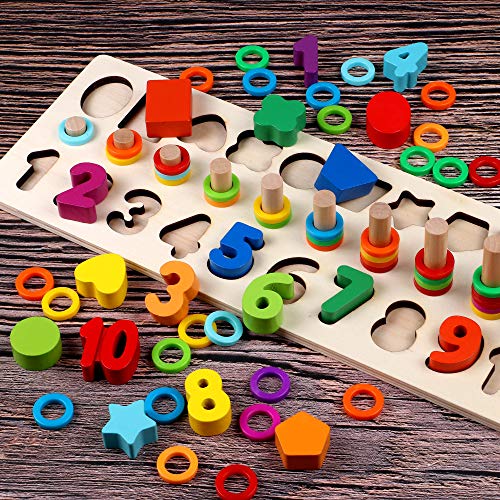 Lewo 3 en 1 Rompecabezas de Números de Madera Juguetes Montessori Juego de Conteo Bloques de Apilamiento Matemático Stem Juguetes Educativos para Niños de 3 4 5 años de Edad Niños Niñas