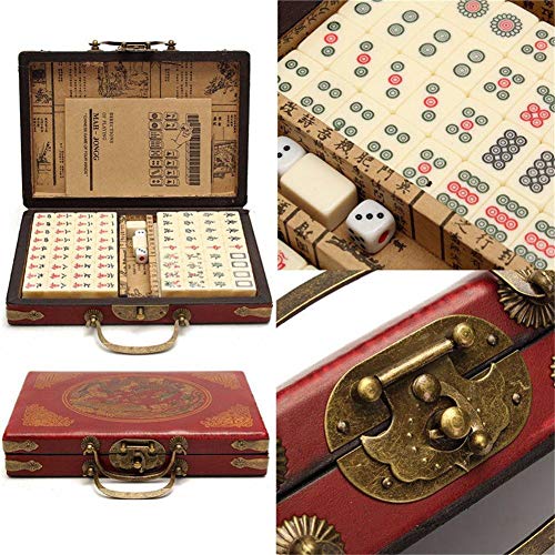 likeitwell 144 Piezas de Viaje Mahjong, Mini Chino Tradicional portátil con Caja de Cuero arcaico y Manual en inglés Creativo portátil de Viajes Mahjong