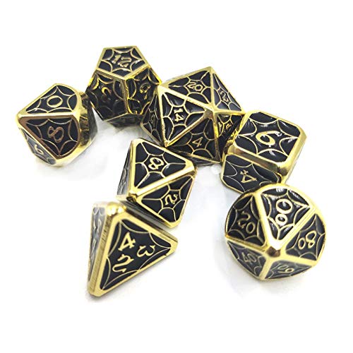 LQley 7Pcs Dados De Metal De Aleación De Zinc Polihédrica De 7 UNIDS para Jugar Juego Dungeons Y Dragons Tabla Juegos Matemáticas Enseñanza,Gold Black